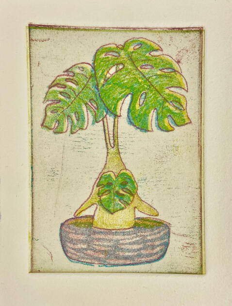 Monstera Korok, Intaglio, 2022, 4x3"